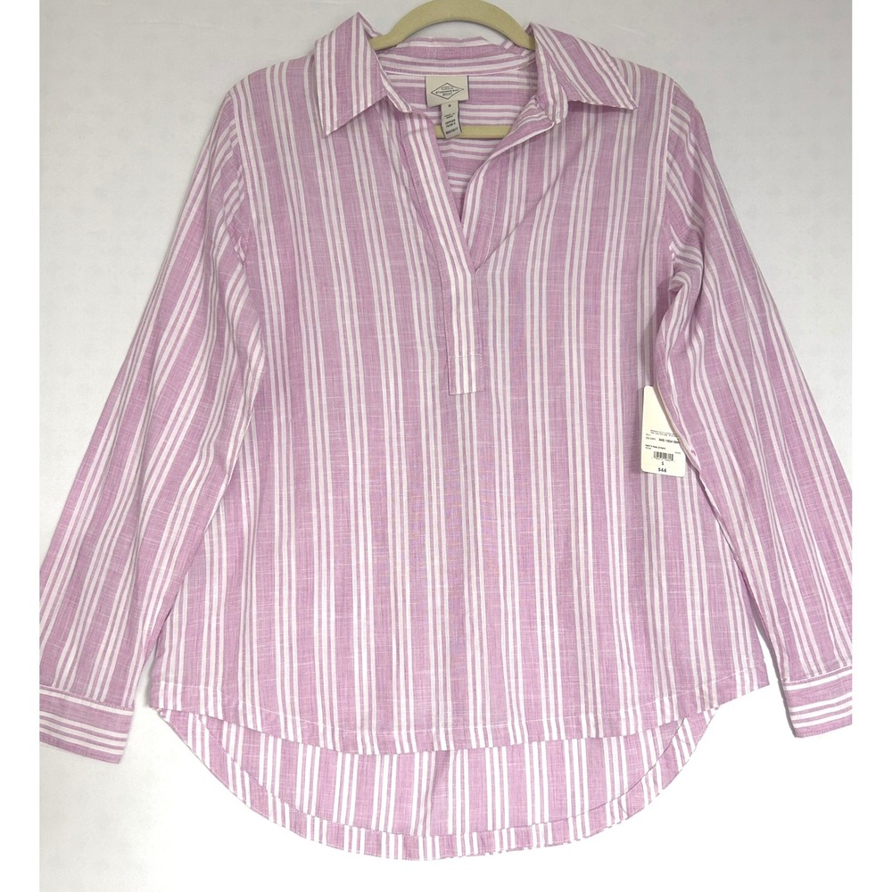 St Johns Bay Womens Small Party Pink Stripe Long Sleeve V-Neck Tunic Top NWT